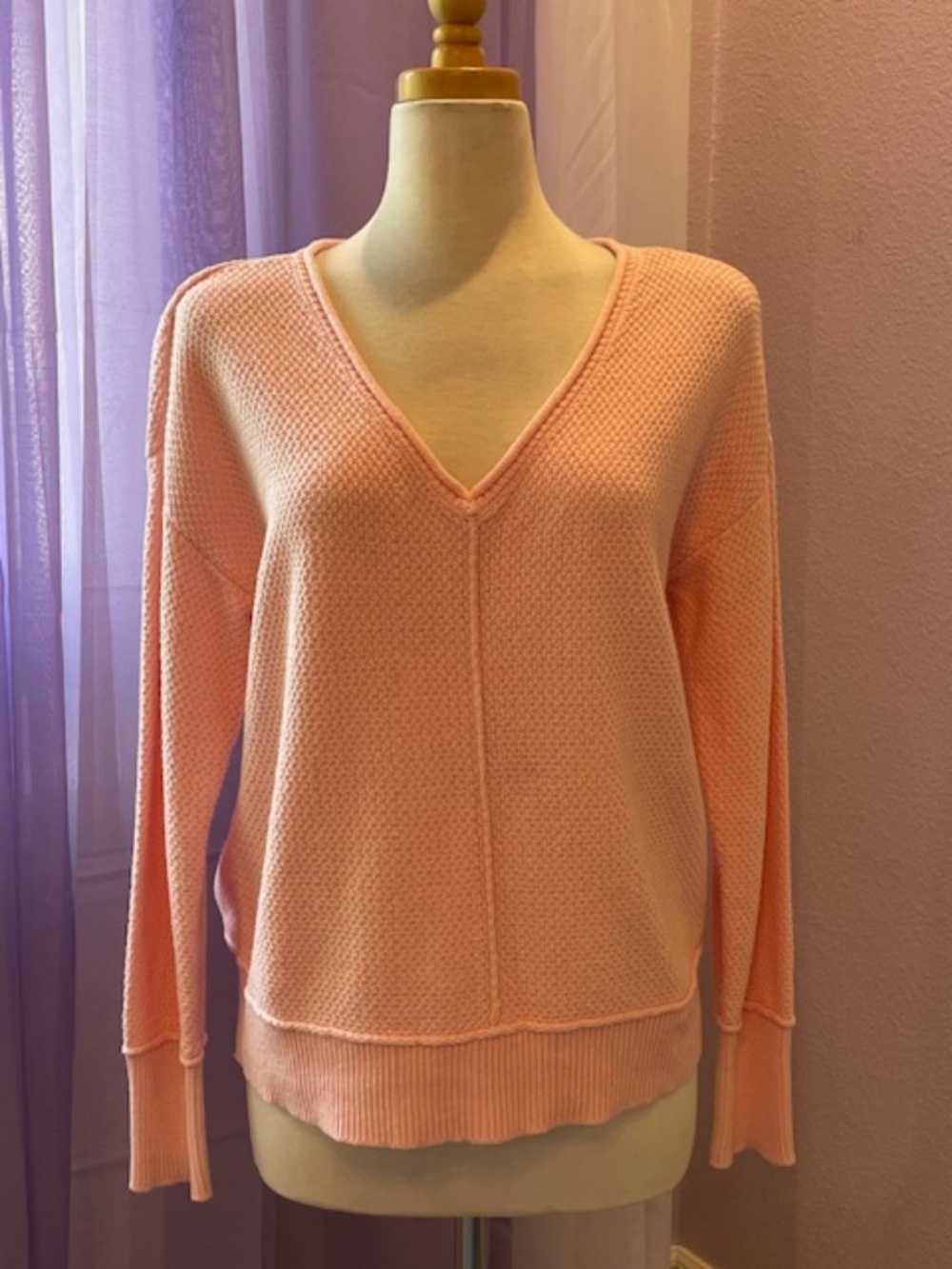 Lucky Brand Soft Pink🌸V-Neck Textured Knit Sweater Long Sleeve SIZE S NWOT